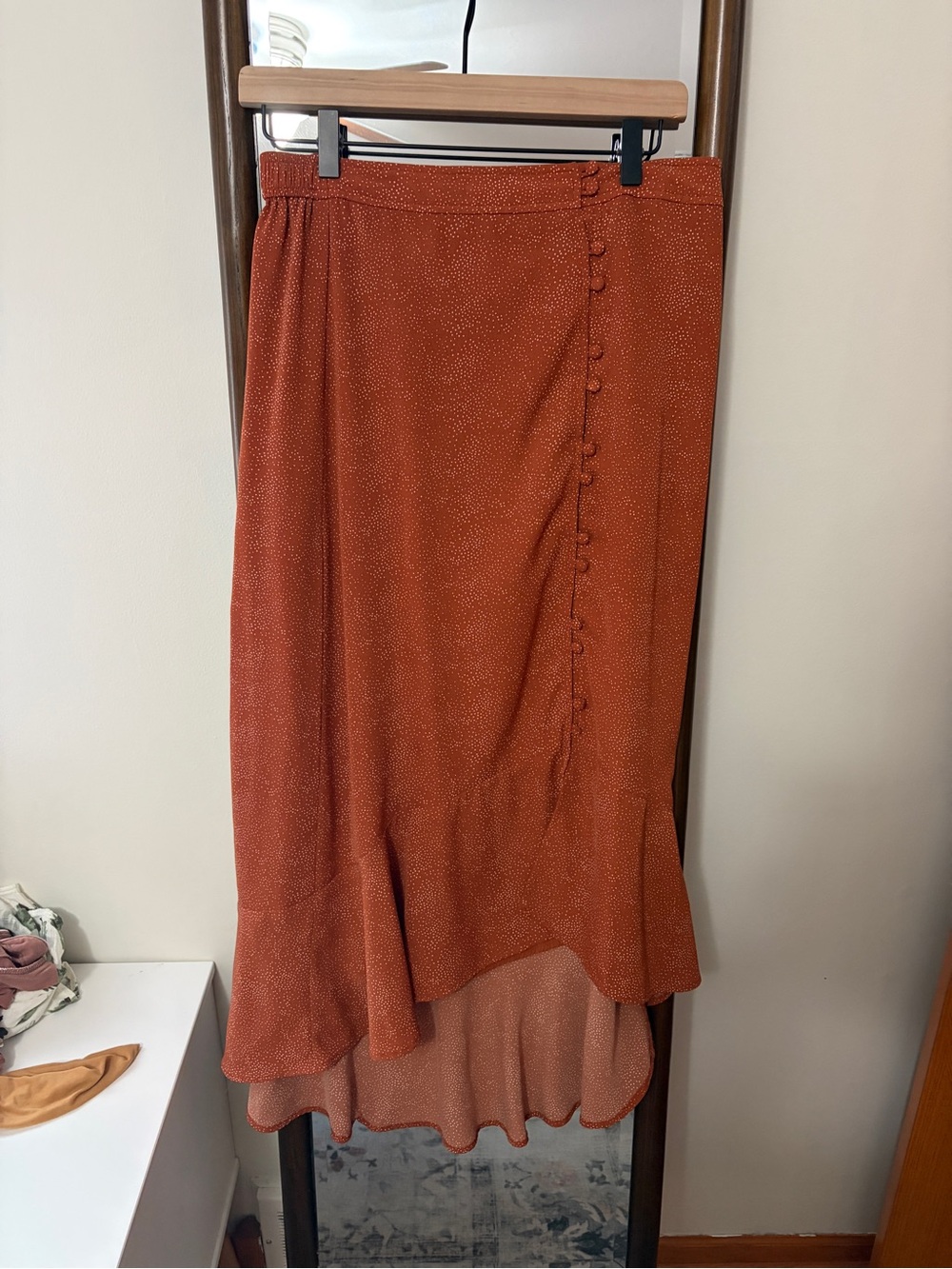 Boutique Rust Button-Front Midi Skirt with Ruffle Hem